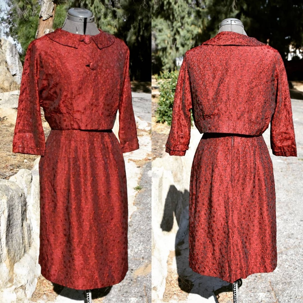 Vintage Red Mod Pinup Brocade dress suit